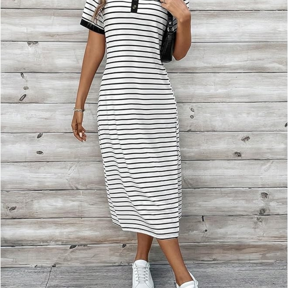 Women Summer short sleeve T Shirt dress button front, side slit midi dress bnw